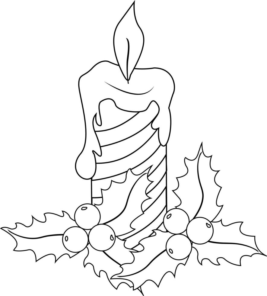 Burning candle with dripping wax. Holly. Merry Christmas and New Year. Silhouette. vector