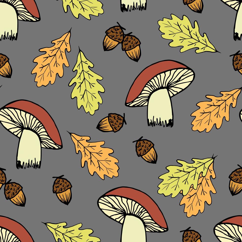 Mushrooms, yellow oak leaves, acorn on a gray background. For fabric prints, kitchen textiles, autumn seasonal designs. Forest plants, harvest. Seamless vector pattern.