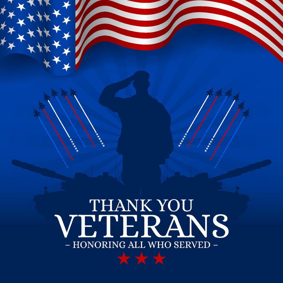 Happy Veterans Day Greeting Card with usa waving flag vector background illustration for banner, poster, social media feed
