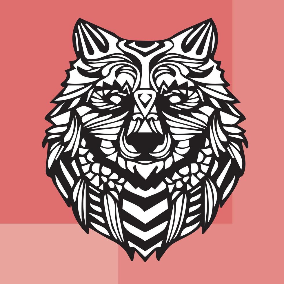 Complex wolf design made with black and white lines on a pinky background vector