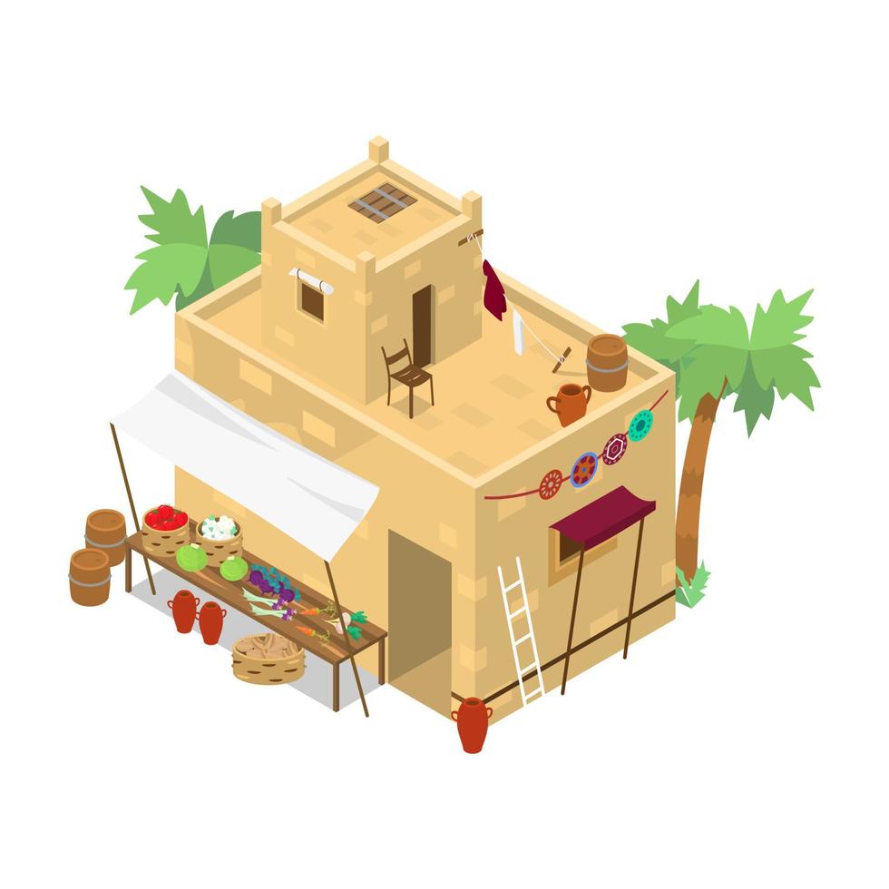 Isometric Middle Eastern market building with baskets with vegetables, ceramic jags and barrels under canopy. Mud brick two-storey house. Traditional arabic architecture. vector