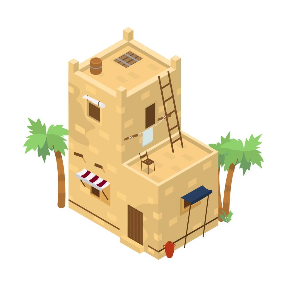 Isometric Middle Eastern building. Mud brick house. Traditional arabic architecture. vector