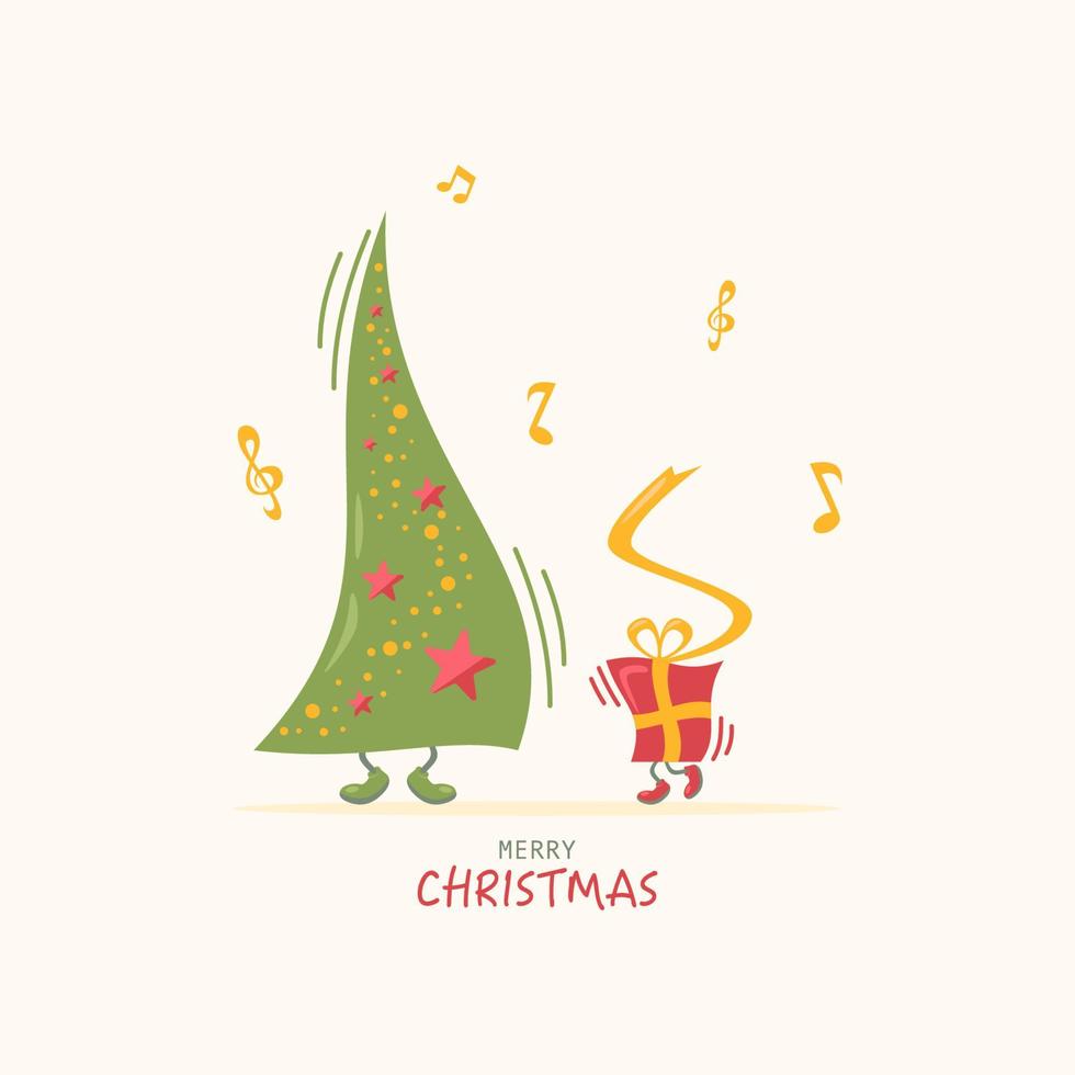 ilustración vectorial de un árbol de navidad bailando con un regalo vector