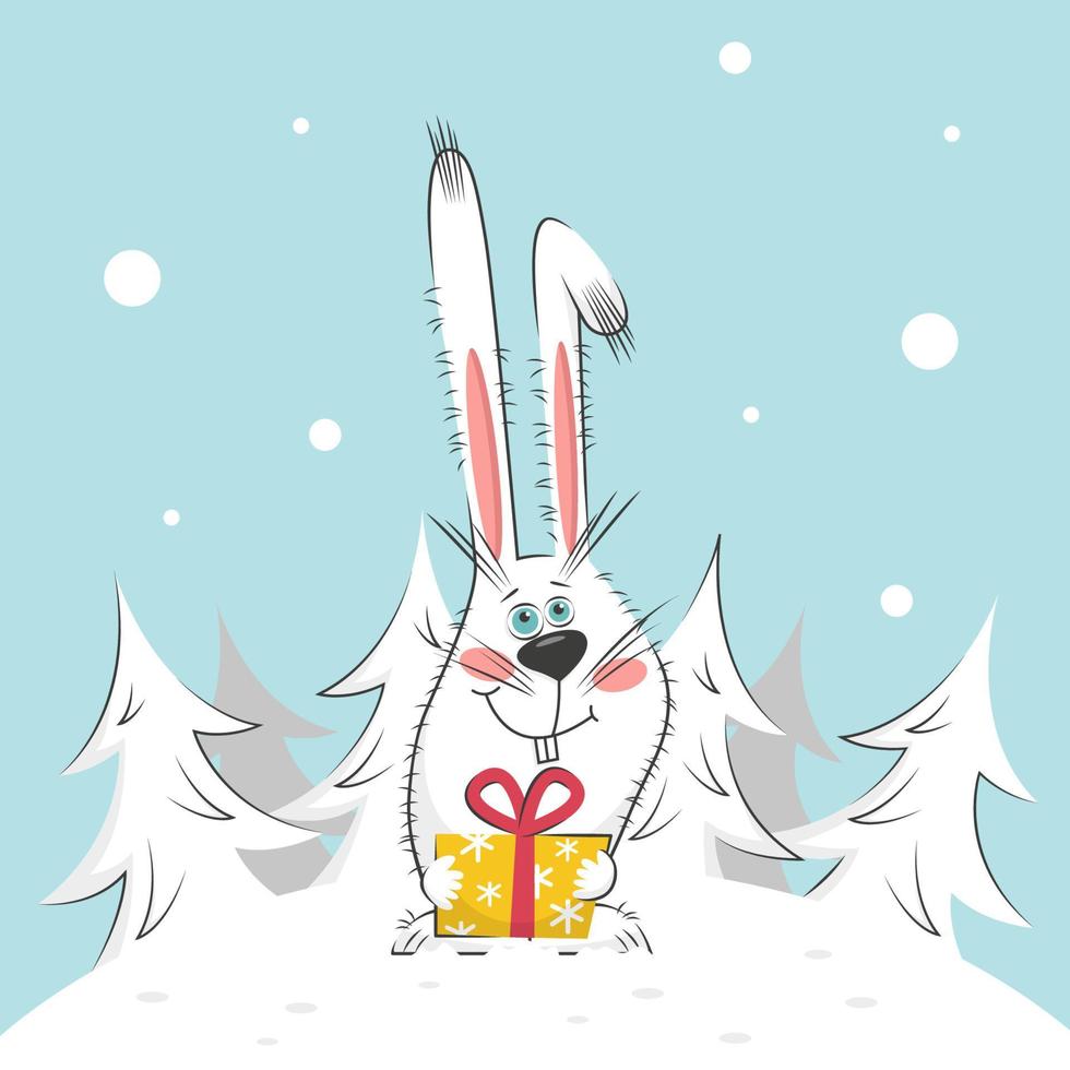 vector ilustración de año nuevo conejo con un regalo cerca del bosque