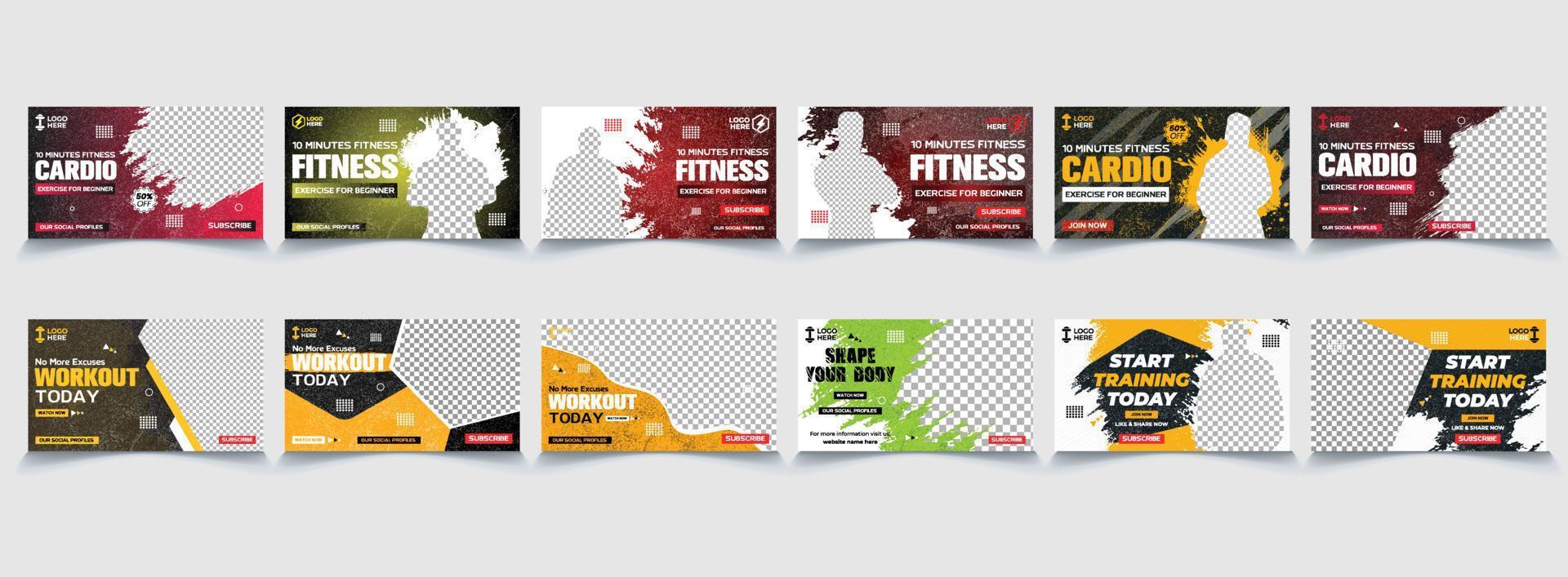 Fitness gym training class thumbnail design for any videos. Fitness gym web banner, cover photo for social media vector