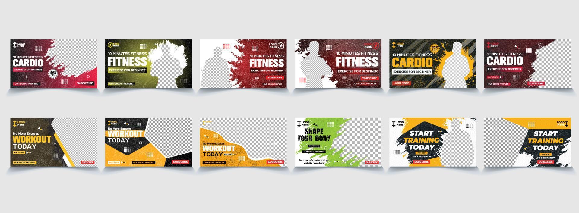 diseño de miniaturas de clase de entrenamiento de gimnasio para cualquier video. banner web de gimnasio de fitness, foto de portada para redes sociales vector