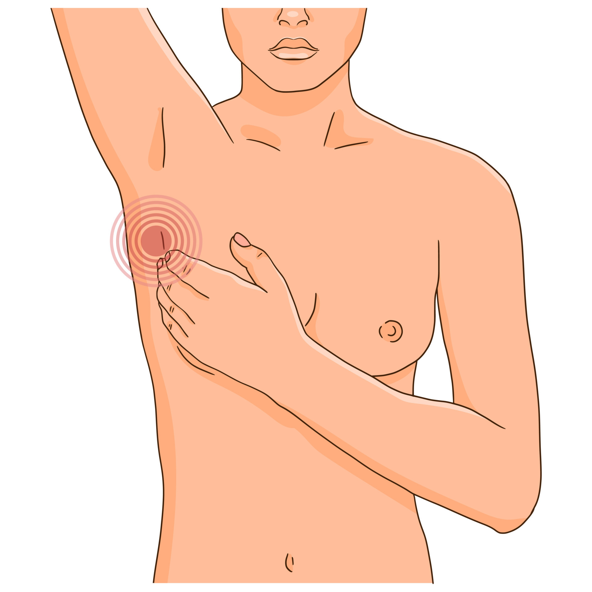 Woman performing monthly breast check for tumor and lump. Breast