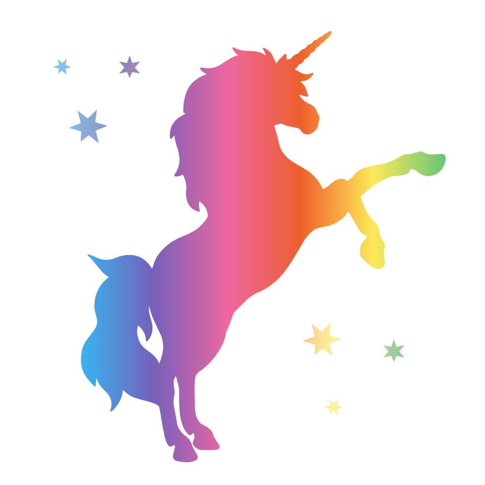 silueta de unicornio, diseño plano y liso con color degradado de arco iris. criatura mágica vector