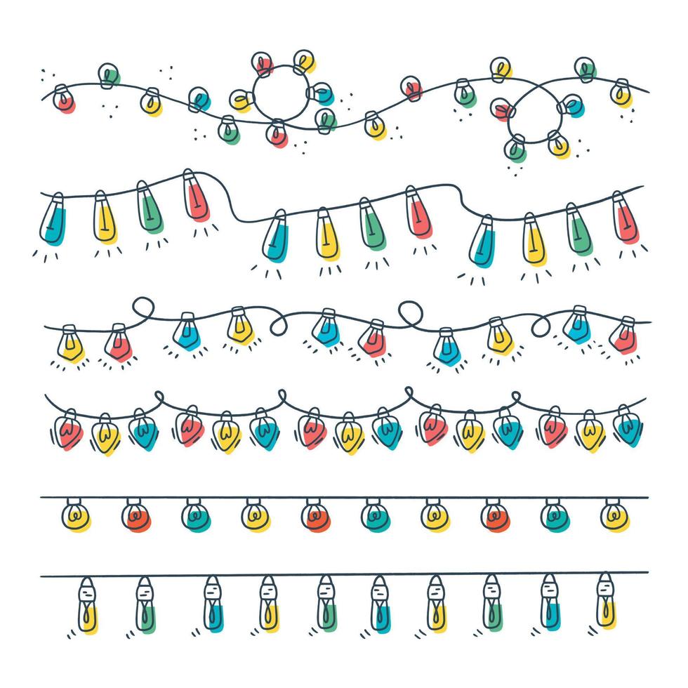 Christmas lights collection handdrawn, vector illustration. Cute cartoon hand drawn style