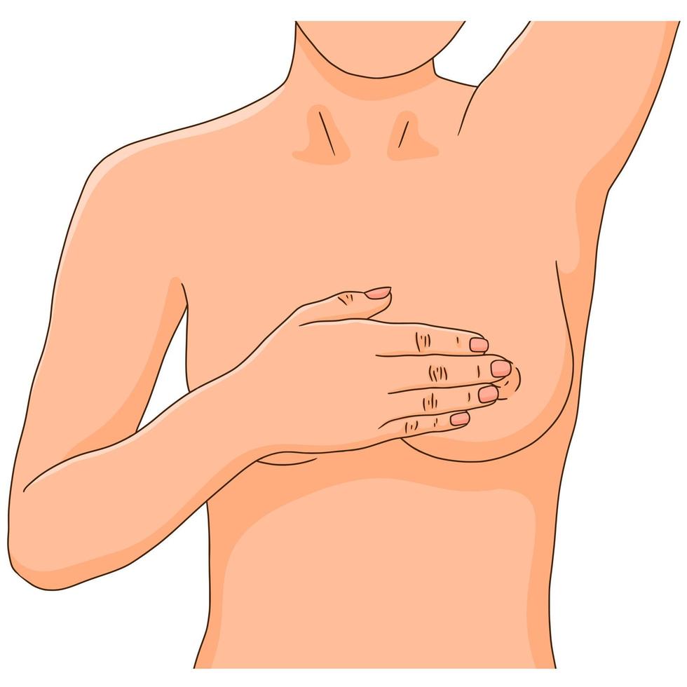 Woman performing monthly self exam for breast cancer, one arm raised vector