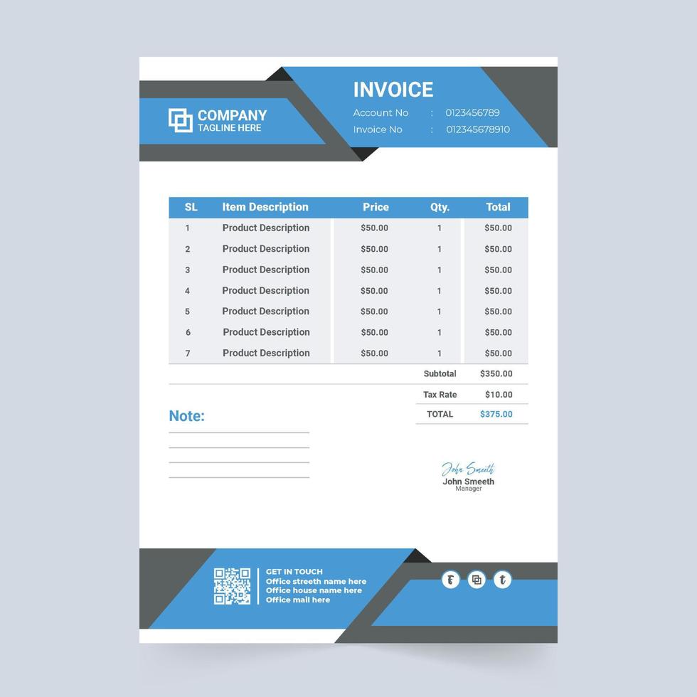 Modern business invoice template with blue and orange colors