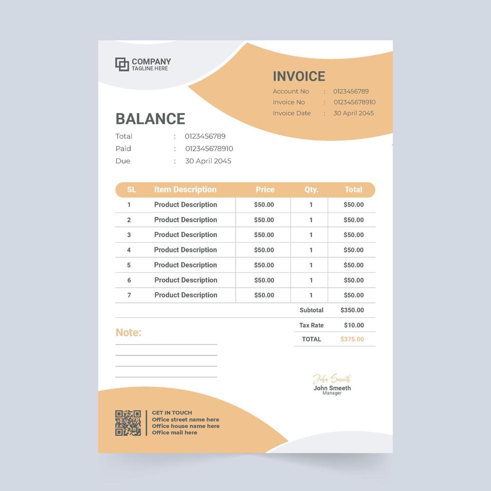 Creative minimal invoice template vector with abstract shapes and orange color. Print-ready payment agreement and billing paper vector. Invoice bill template and price receipt design for business.