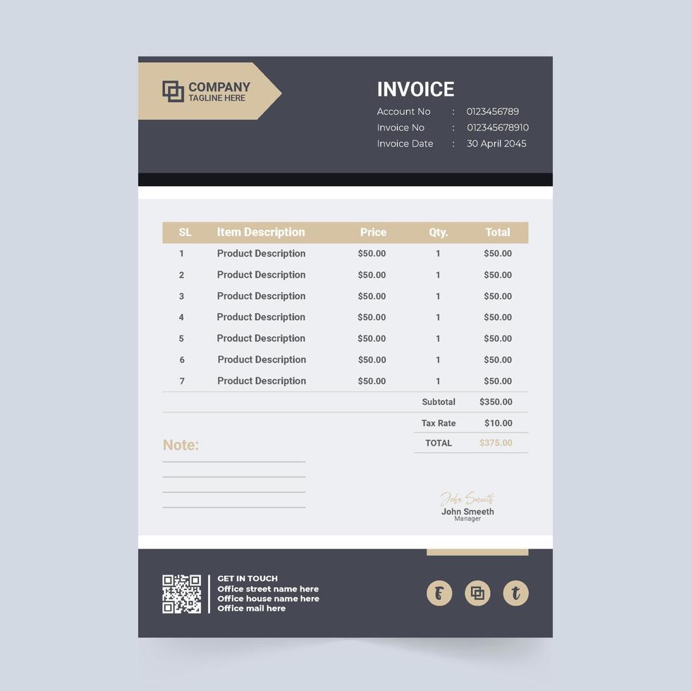 Professional business invoice template with orange and black colors. Product purchase and billing paper vector. Modern invoice template with abstract shapes and price sections. Digital cash receipt. vector