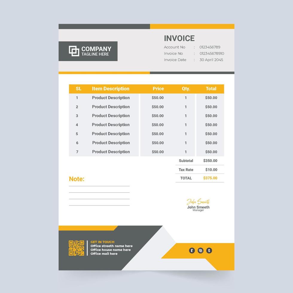 Product purchase and billing receipt design with yellow and green ...