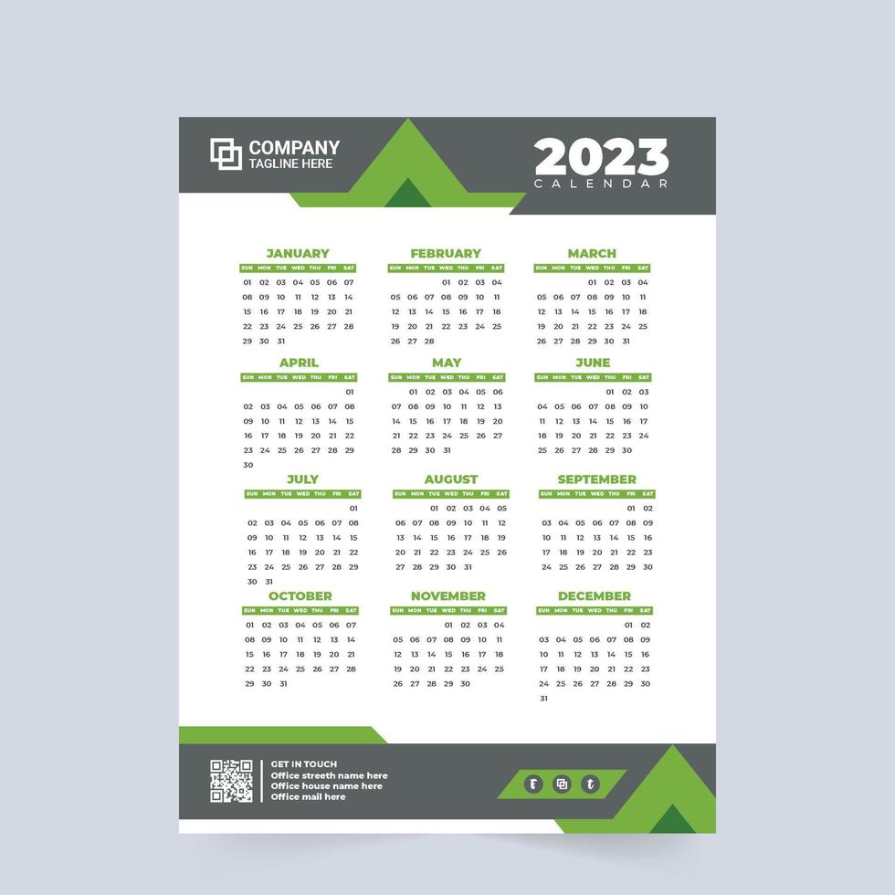 Diseño de calendario 2023 con sombra de color verde y azul. vector de plantilla de papelería de oficina y calendario de pared anual de negocios. la semana comienza el domingo. vector de calendario de año nuevo con formas abstractas.