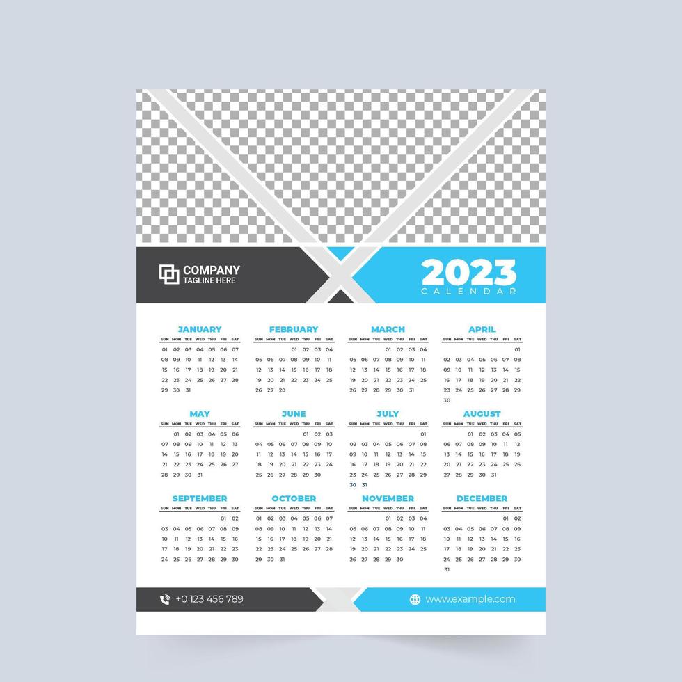 2023 business calendar and office stationery template vector. Yearly calendar design with abstract shapes. Print-ready calendar design with blue and black colors. The week starts on Sunday. vector