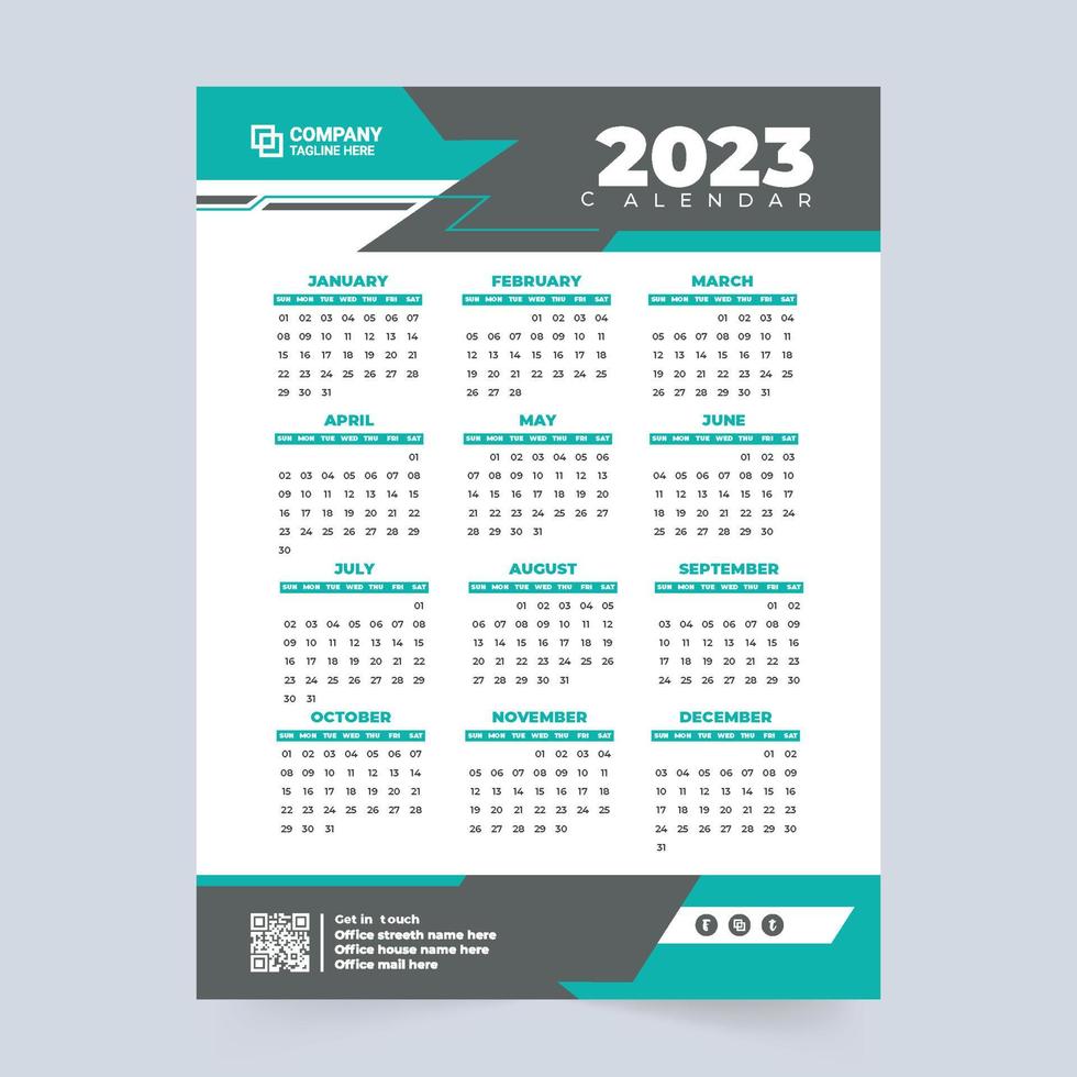 Company annual calendar for 2023 new year. Office organizer and wall calendar design with blue and green colors. 2023 Calendar vector illustration with abstract shapes. The week starts on Sunday.