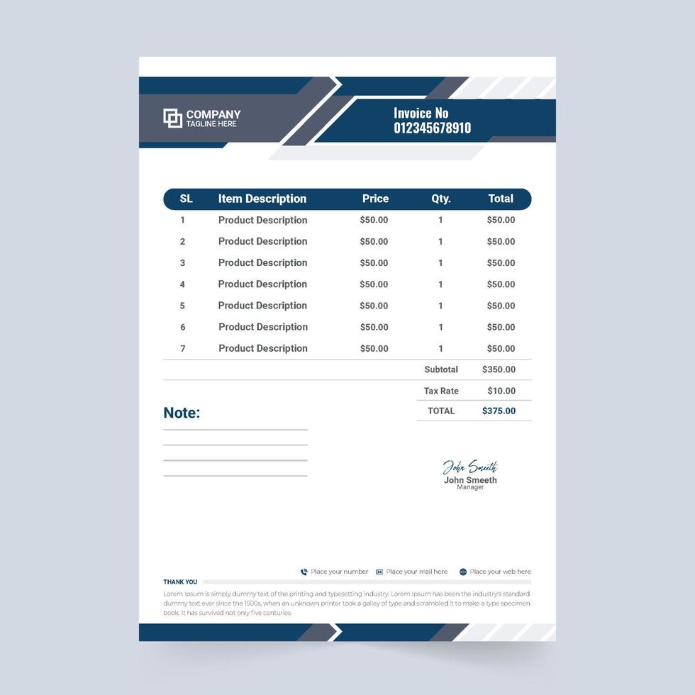 Creative corporate business invoice and price receipt vector. Invoice Template and payment agreement paper design with blue color. Professional price receipt and invoice layout vector. vector
