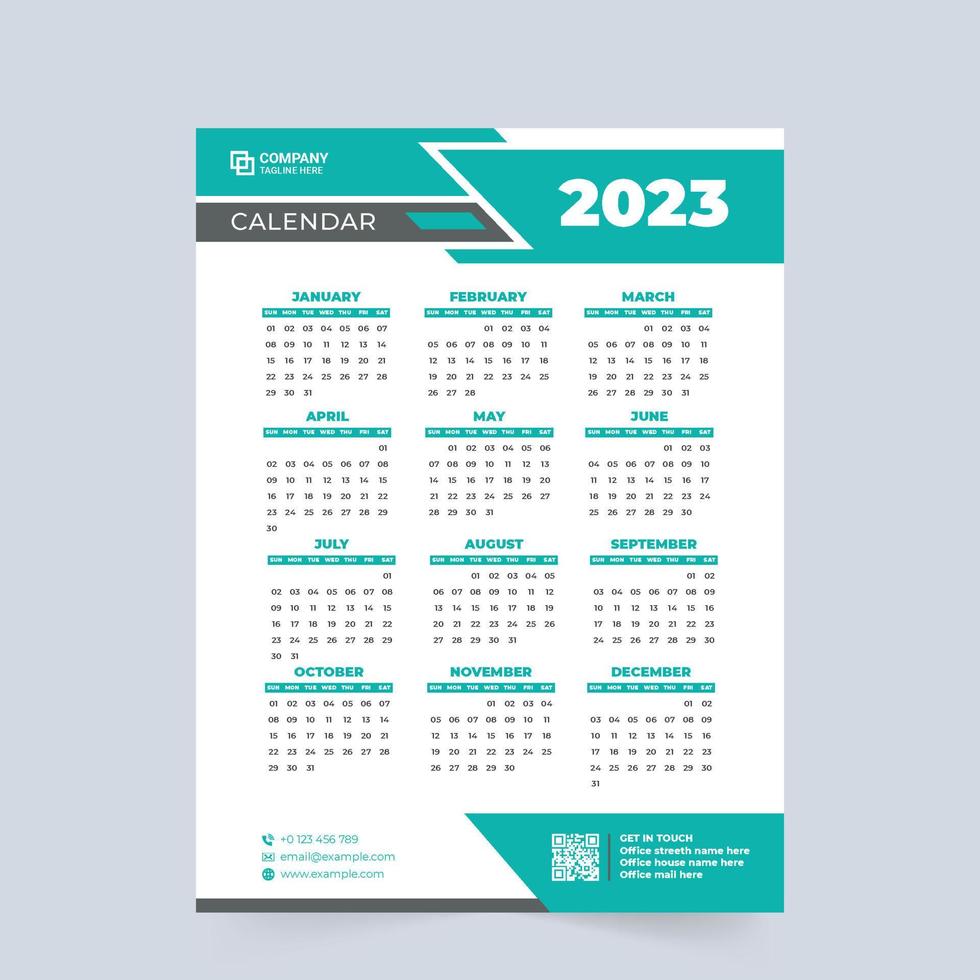 diseño de calendario digital 2023 con colores azules. decoración de calendario mínima para negocios y oficinas. diseño de escritorio de fin de semana y calendario de pared con formas abstractas. Vector de plantilla de calendario de año nuevo 2023.