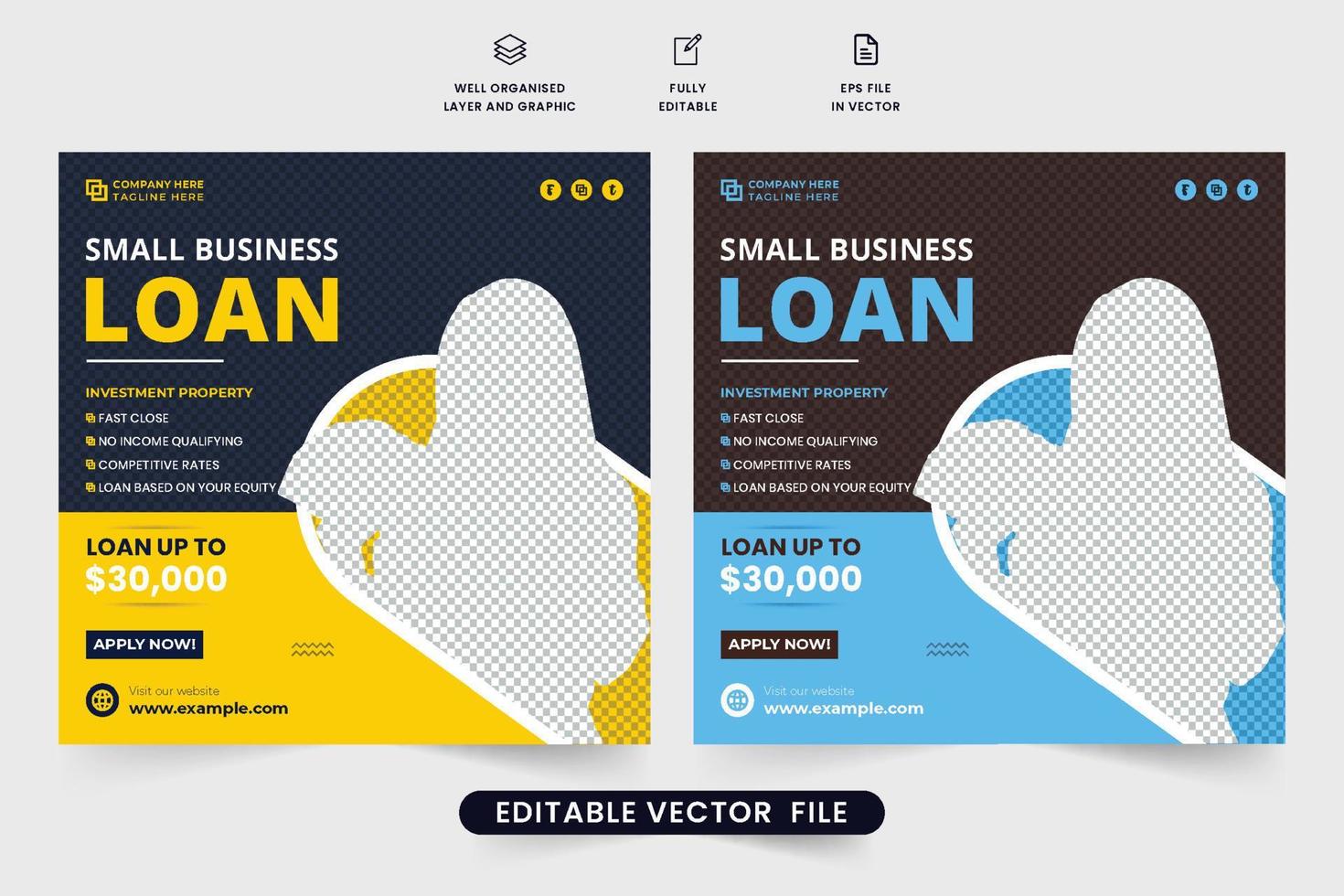 Bank loan service promotional template vector for digital marketing. Small business loan and liability template design with yellow and blue colors. Modern banking business social media post vector.