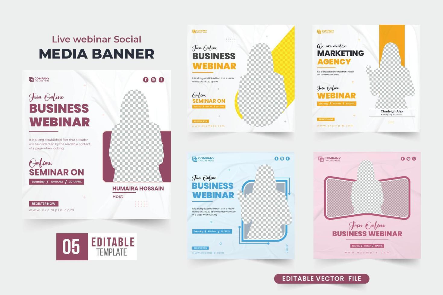 Business conference and webinar template bundle vector for official seminars. Modern web seminar social media post set design with lavender and yellow colors. Office webinar template collection.