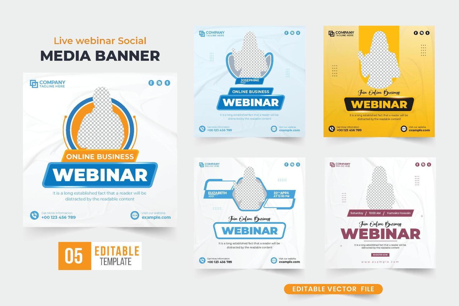 Online business webinar template collection for seminar invitations. Digital business promotion and webinar social media post bundle with blue and yellow colors. Modern webinar design set for office. vector