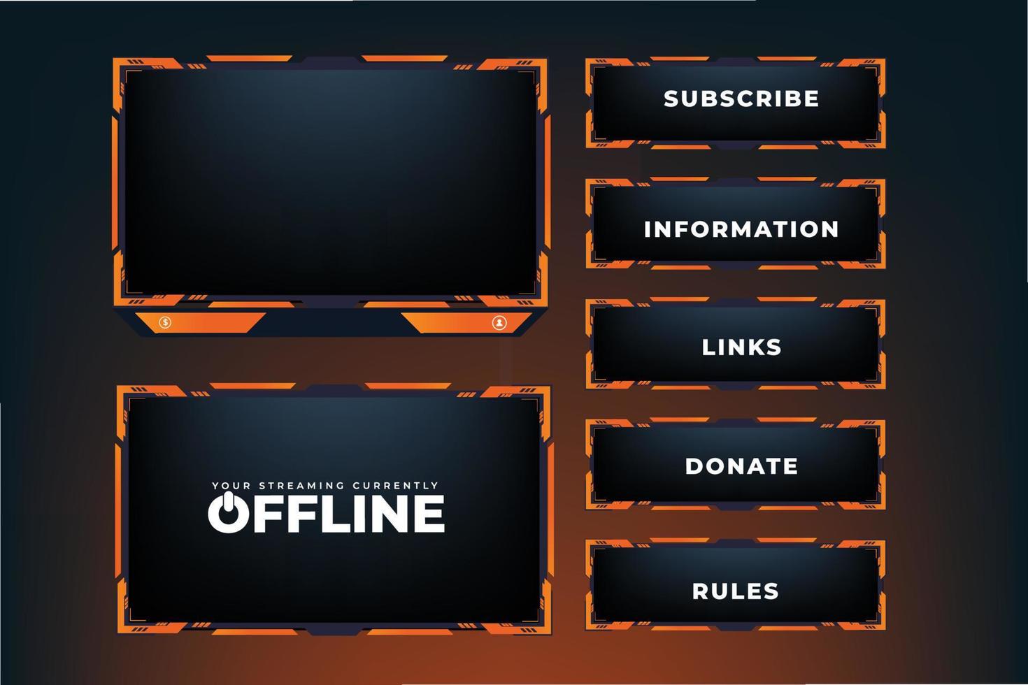 Modern game frame decoration with orange color shapes on a dark background. Live game streaming overlay design for broadcast screen panel. Streaming overlay frame and screen interface decoration. vector