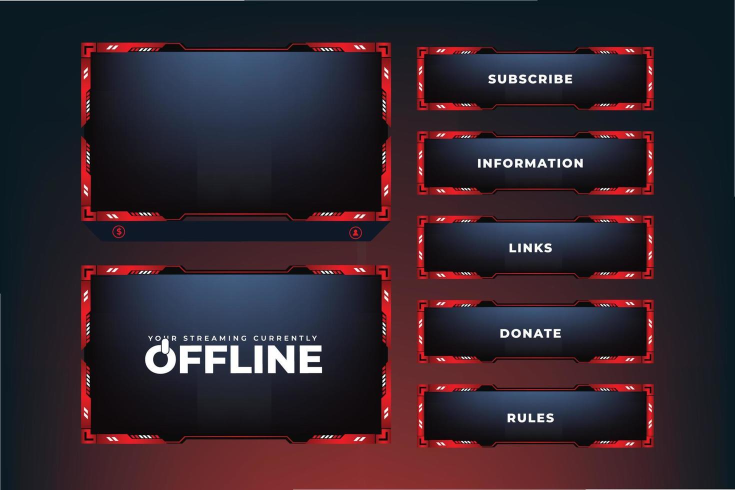 Futuristic red gaming overlay vector with abstract shapes. Online gaming screen panel decoration with offline screen and buttons. Live streaming overlay screen interface template for online gamers.