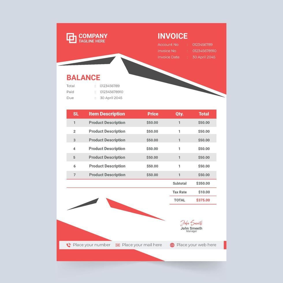 Business stationery and invoice template vector. Cash receipt design with abstract shapes and red and black colors. Payment agreement and invoice bill template for corporate business. vector