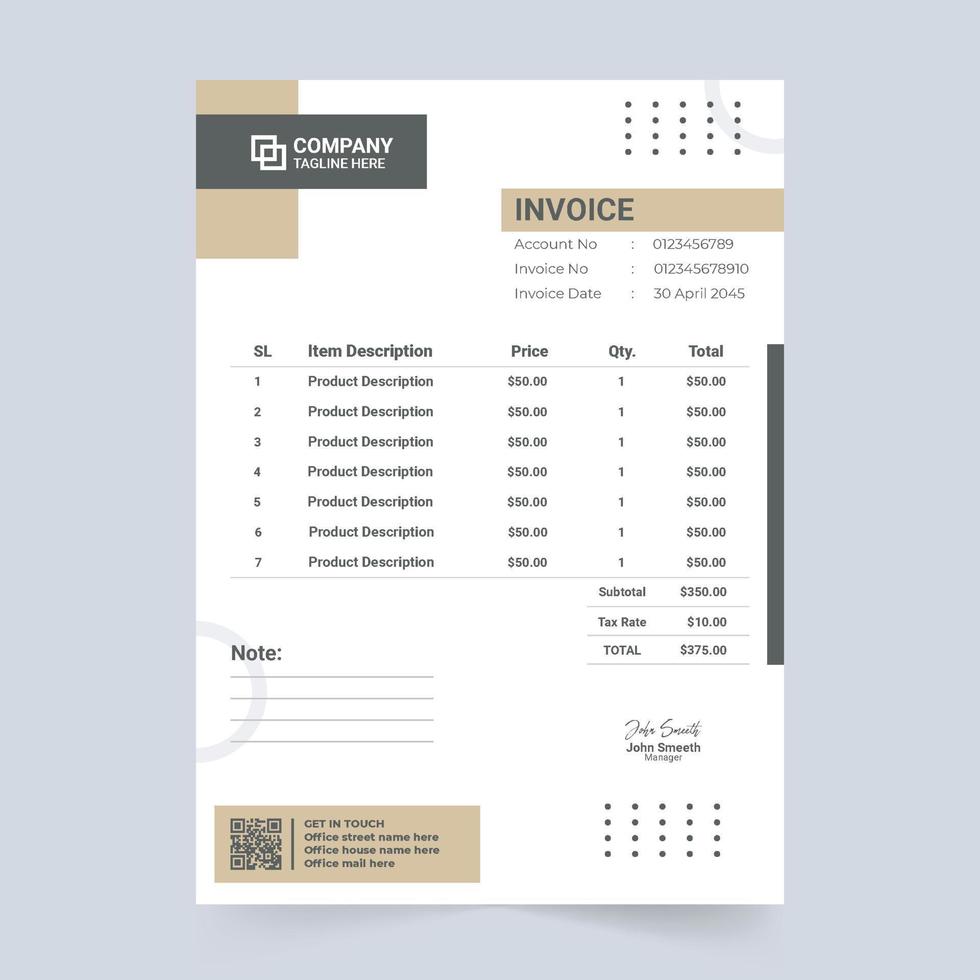 Minimal invoice template design with simple geometric shapes and product description section. Corporate billing paper and invoice template vector. Cash receipt and payment agreement paper decoration. vector