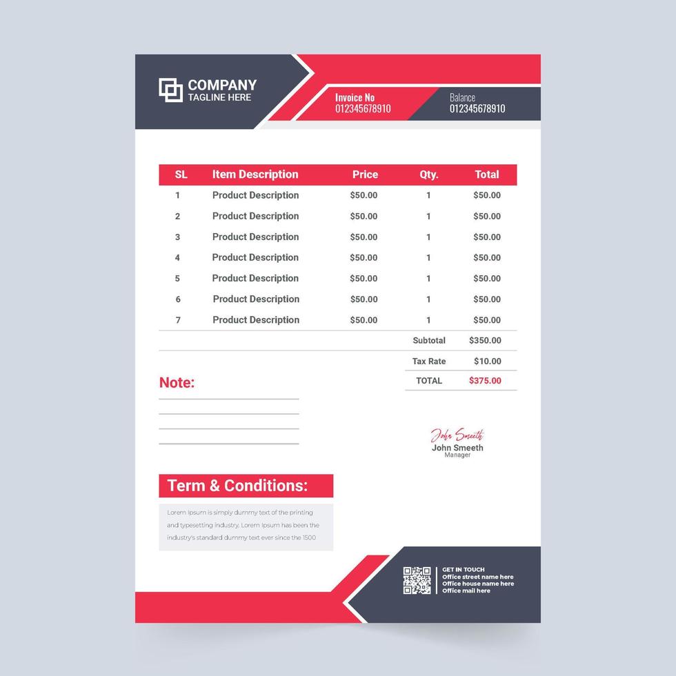 Minimal cash receipt and invoice template vector with abstract shapes. Corporate invoice design with blue and red colors. Payment receipt and agreement info tracker for modern business.