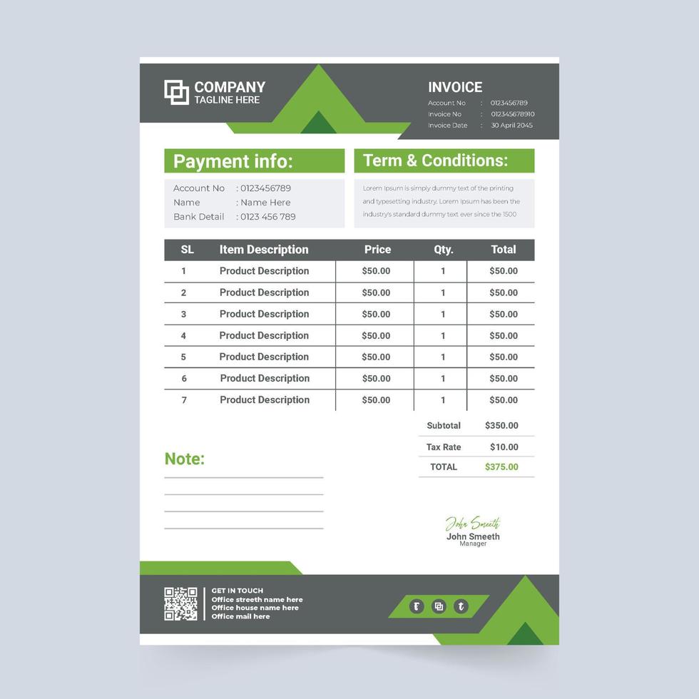 Minimal business invoice and cash receipt design with abstract shapes. Payment receipt and invoice bill template with green and blue colors. Professional business template decoration vector. vector