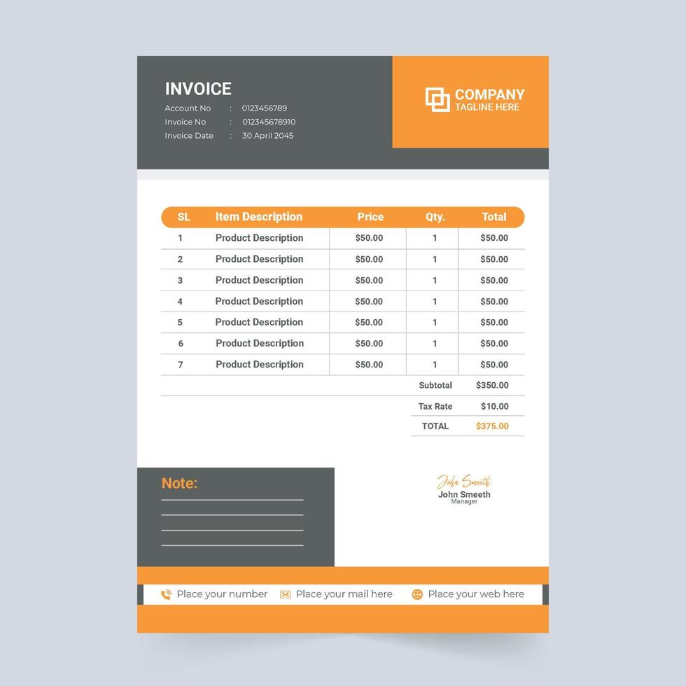 Simple business invoice and payment receipt design with red and orange colors. Professional cash receipt vector with geometric shapes. Print ready payment agreement and invoice bill template vector.