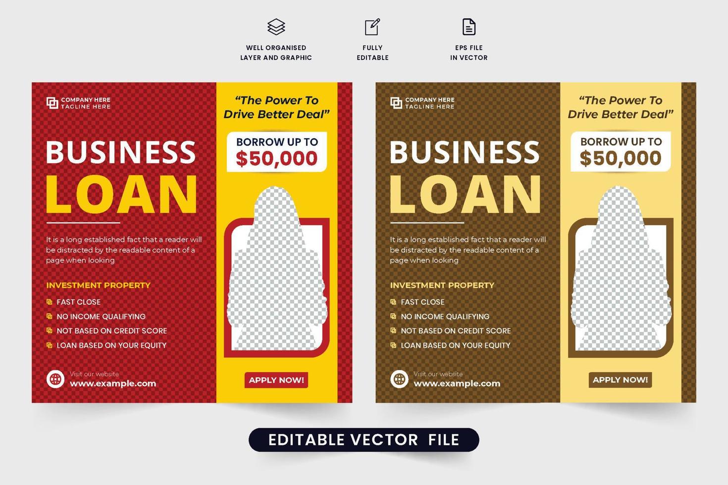 Small business loan social media post template with red and yellow colors. Banking service advertisement poster design for home or car loans. Personal bank loan promotional web banner template. vector