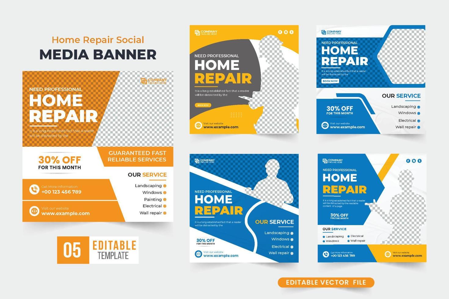 Home renovation service web banner collection for online marketing. Real estate house construction business advertisement poster bundle with blue and yellow colors. Home repair social media post set. vector