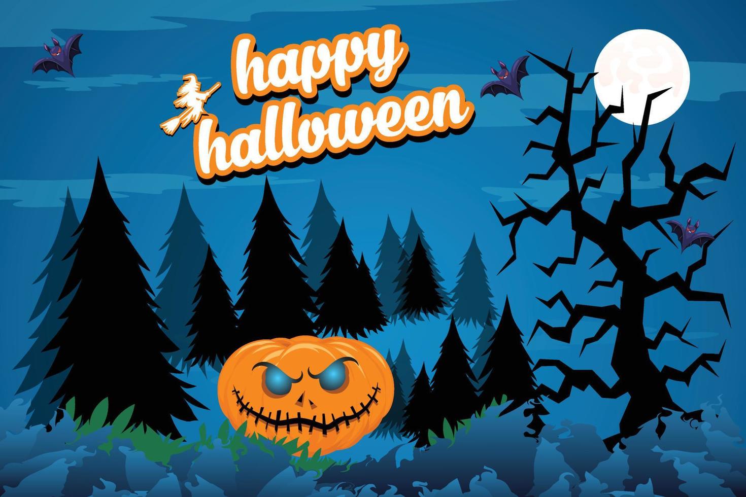 Dark blue halloween wallpaper with christmas tree and scary pumpkin vector