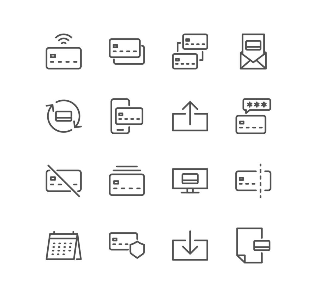 Set of credit card and banking icons, withdraw funds, buying, selling, payment method and linear variety vectors. vector