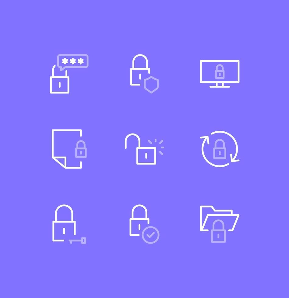 Set of locks and related icons, locked folder, locked phone, change password, cloud, file and linear variety vectors. vector
