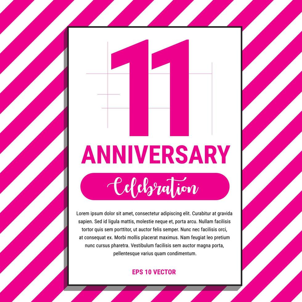 Diseño de celebración de aniversario de 11 años, en ilustración de vector de fondo de raya rosa. eps10 vector
