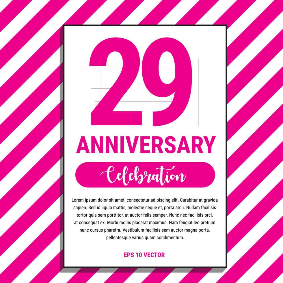 Diseño de celebración de aniversario de 29 años, en la ilustración de vector de fondo de raya rosa. eps10 vector