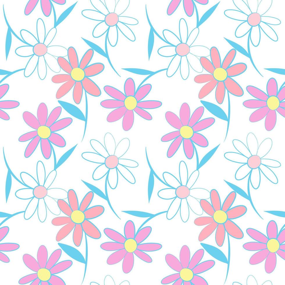 White pink daisy petal flower blossom vector seamless pattern, abstract flora illustration drawing on white background for fashion fabric textiles printing, wallpaper and paper wrapping