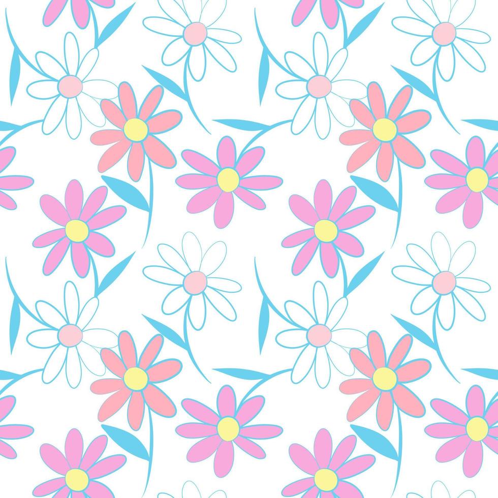 White pink daisy petal flower blossom vector seamless pattern, abstract flora illustration drawing on white background for fashion fabric textiles printing, wallpaper and paper wrapping