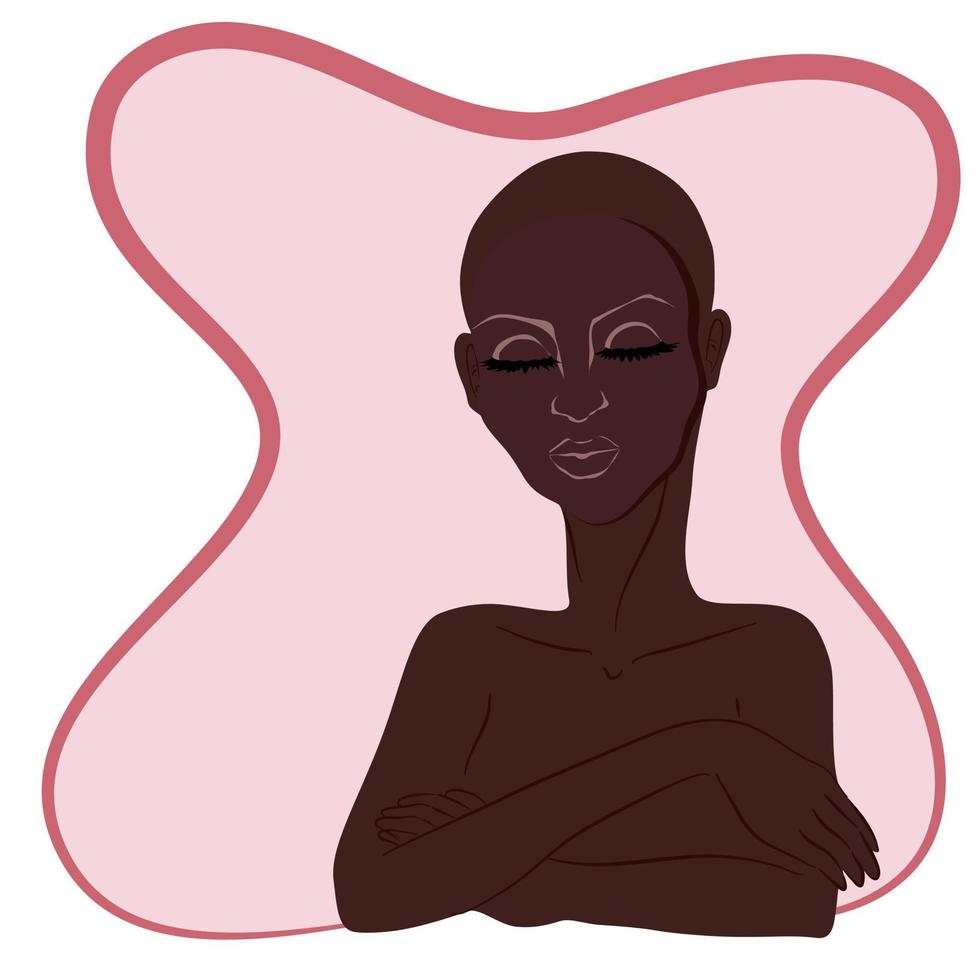 Vector drawing of bald people skinhead black skin woman with eyes closed on pink background