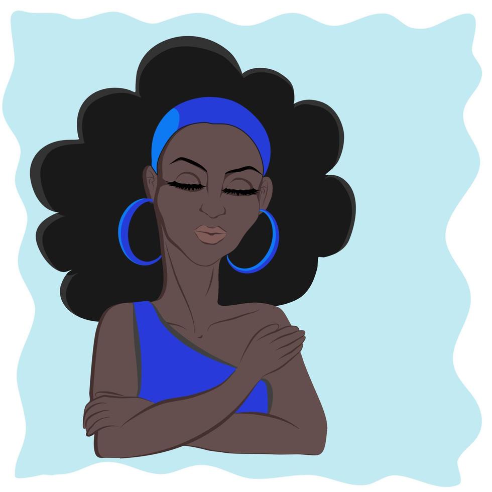 Vector drawing of black curly hair black skin woman in dark blue dress, blue headband, earring with eyes closed on light blue background