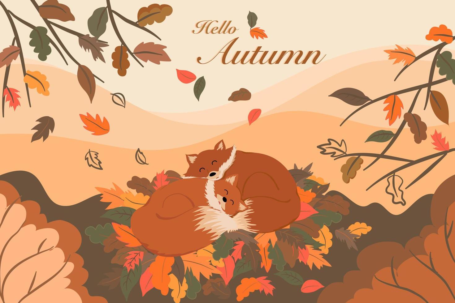 Vector of sleeping foxes on brown, orange leaves in Autumn season drawing, landscape view of trees, forest, mountain scenery with hello autumn texts for holidays  postcard, invitation background
