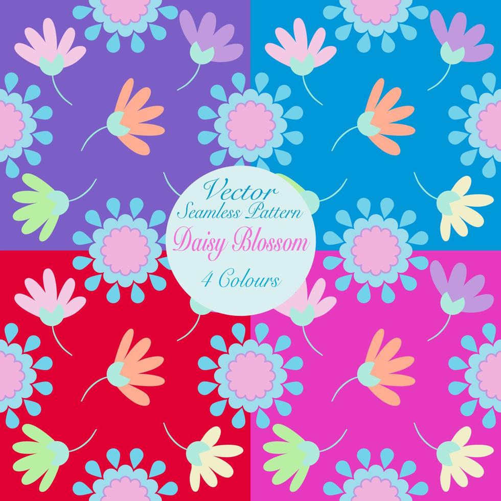Colorful petals daisy flower blossom and mandala graphic vector seamless pattern, illustration element on red pink blue violet background for fashion fabric textiles printed wallpaper and wrapping