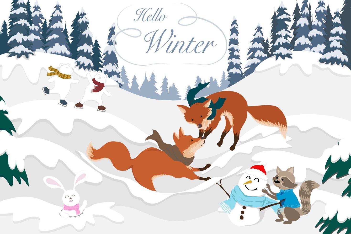 Postcard vector drawing of winter season, landscape of two Brown foxes playing on mountain covering by white snow with raccoon, snowman, rabbit, bears, blue pine on background
