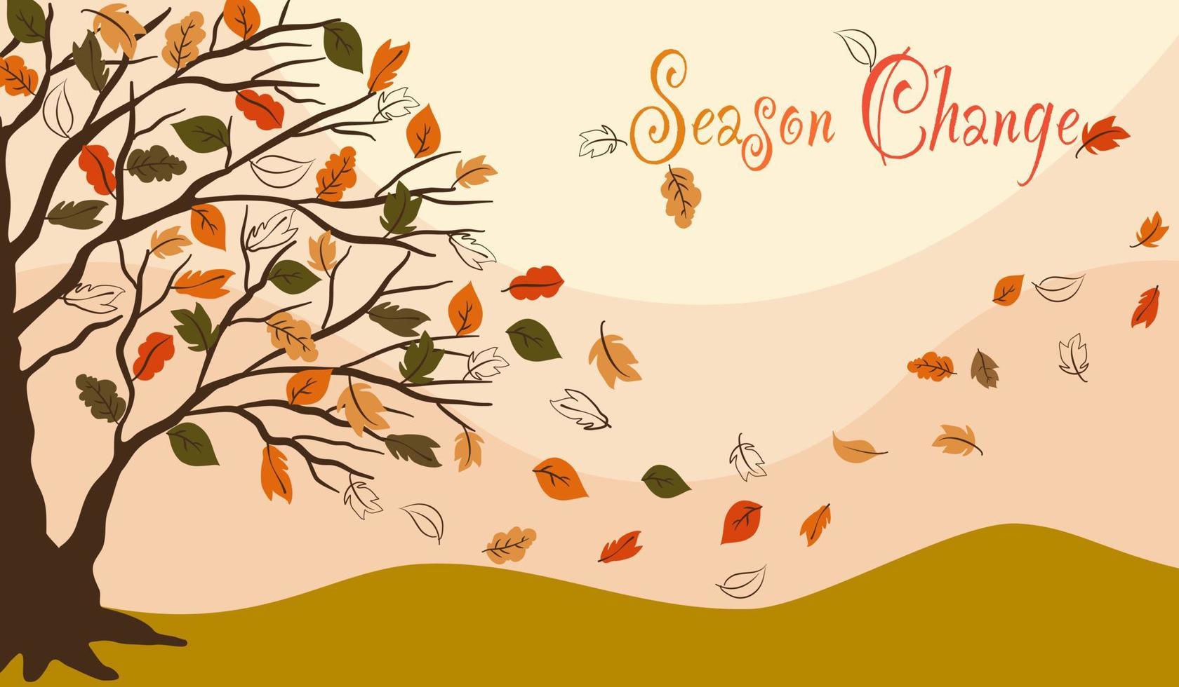 Vector of Green yellow orange fallen leave on brown tree Autumn season, flying leaves design drawing with Season change texts on pastel yellow background