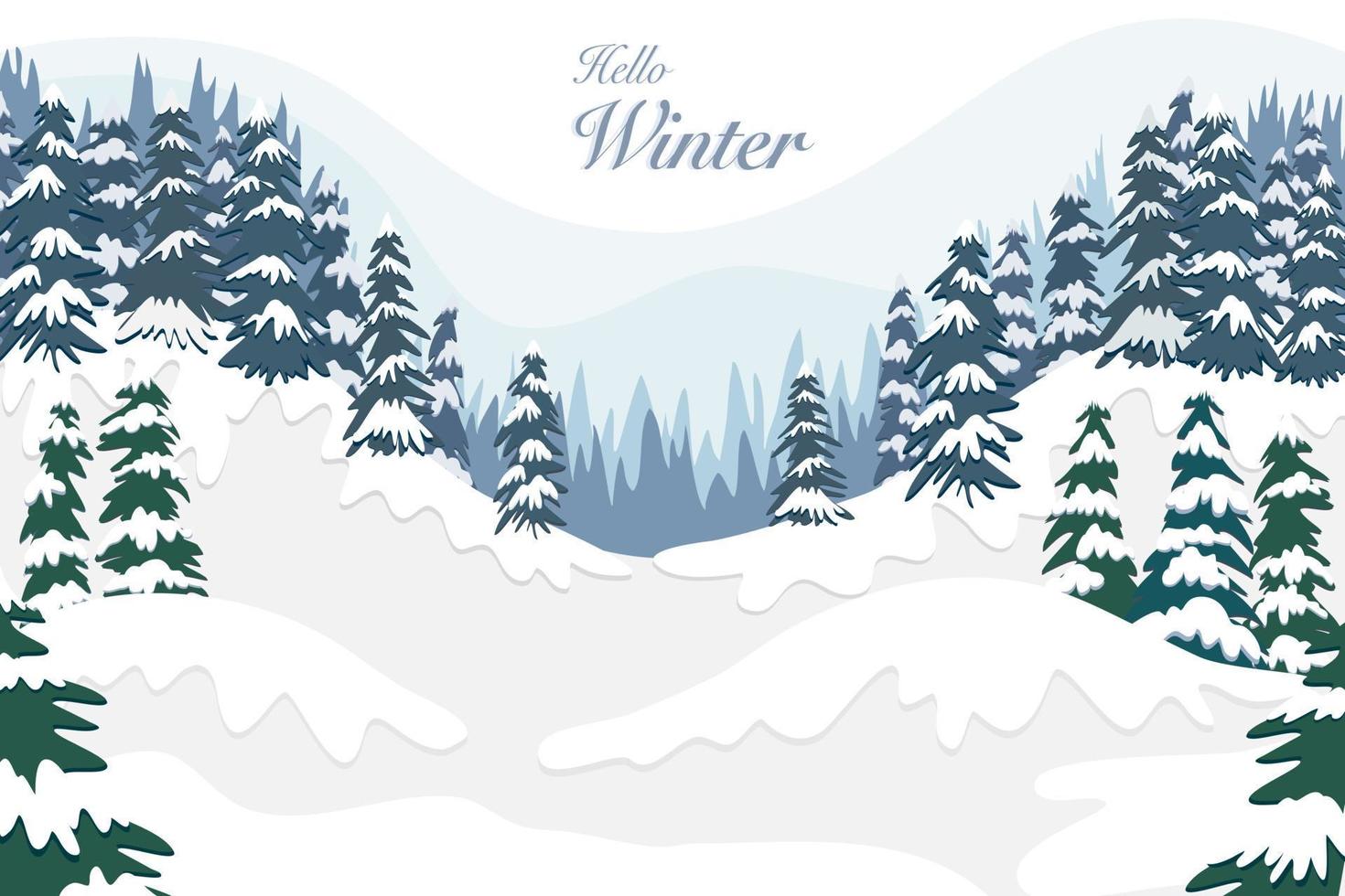 vector de dibujo de vista de temporada de invierno, paisaje de pinos azules y verdes en la cubierta montañosa por nieve blanca con letras de invierno de hola para postal de vacaciones, fondo de invitación