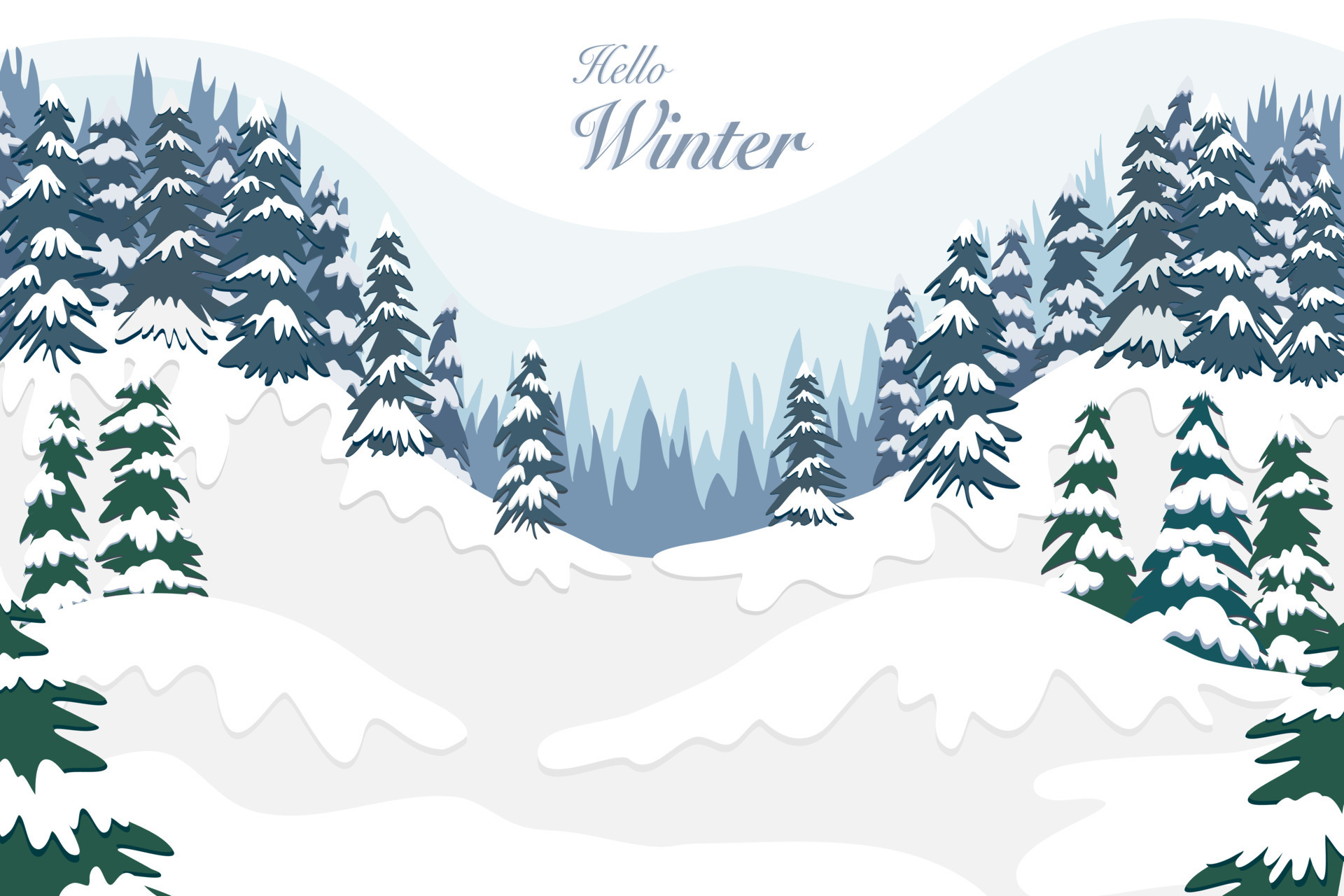 Vector of winter season view drawing, landscape of blue and green pine  trees forest on mountain cover by white snow with hello winter letters for  holidays postcard, invitation background 13569200 Vector Art